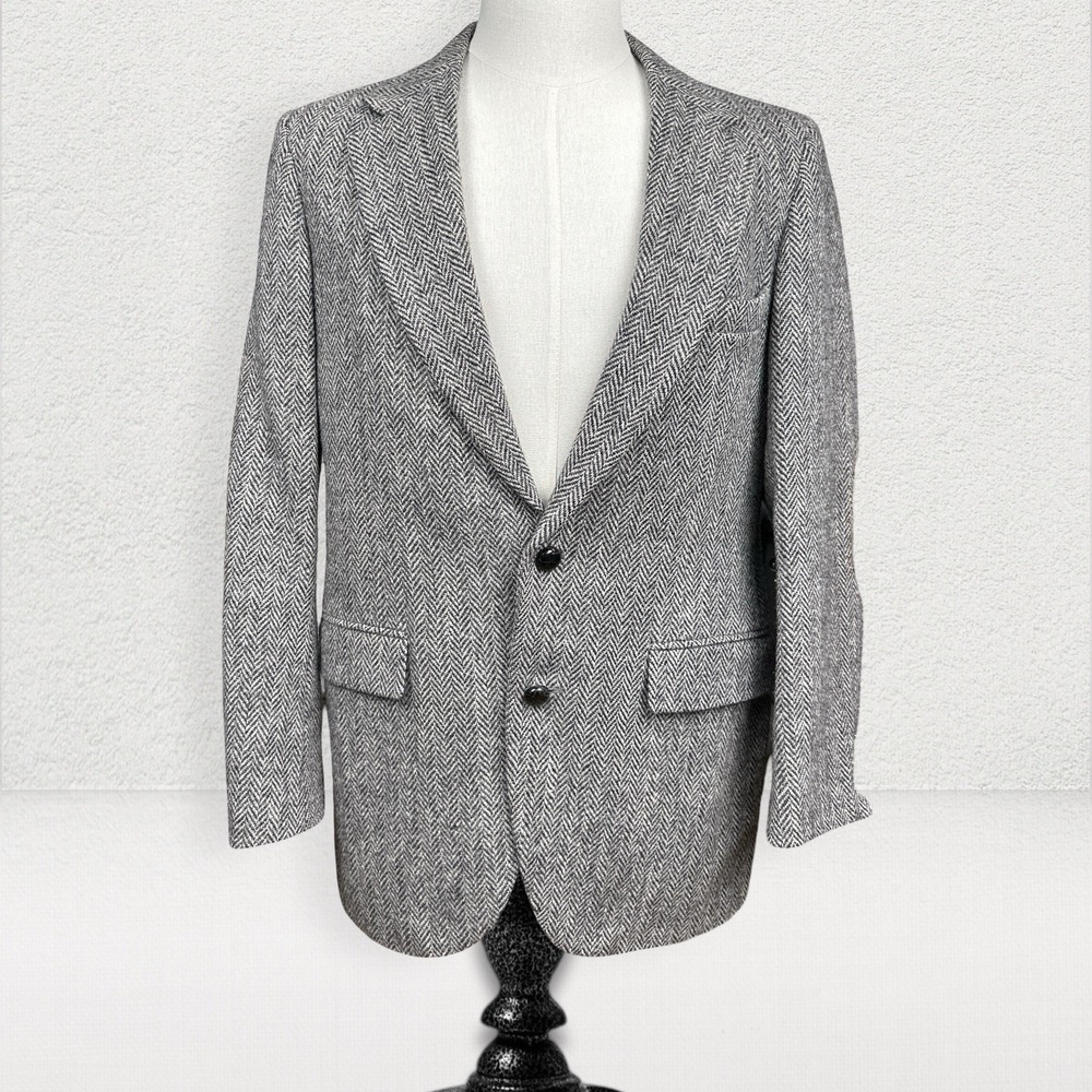 Vintage Harris Tweed Scottish Wool Blazer Men 40R Herringbone Elbow Pad Stafford